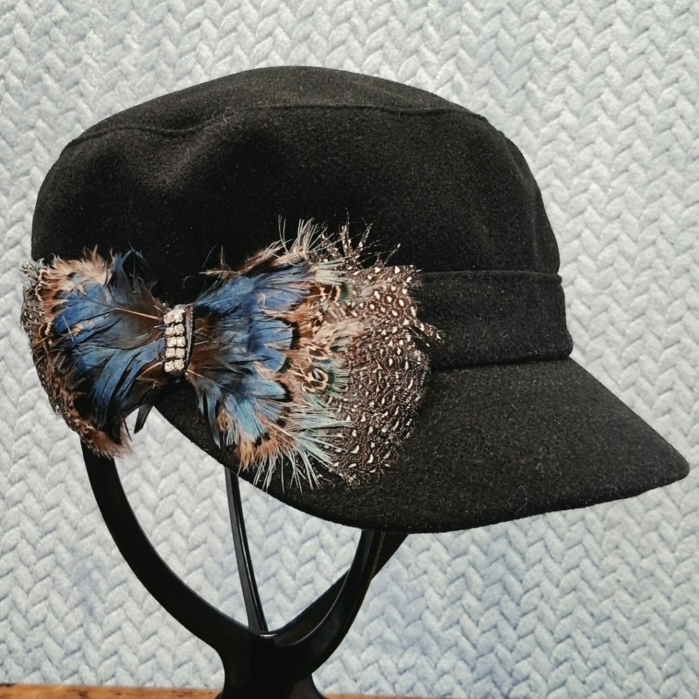 Black Wool Cadet Cap Feather Bow Rhinestone Accent Vintage Style Newsboy Hat